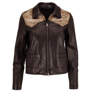 NILI LOTAN Jaley Black & Gold Leopard Print Leather Jacket
